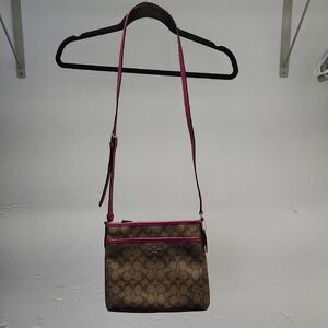 Coach Light Brown Coated Canvas and Pink Crossbody Bag Zippered Top Like New